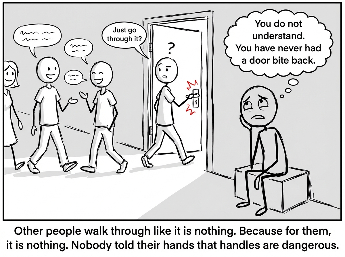 Other stick figures walk past the seated figure and through the door with casual ease -- chatting, laughing, barely glancing at the handle. One of them looks back at the seated figure with a puzzled expression and says 'Just go through it?' The seated figure looks up at them with an expression that mixes shame with a bone-deep certainty, and their thought bubble reads 'You do not understand. You have never had a door bite back.'