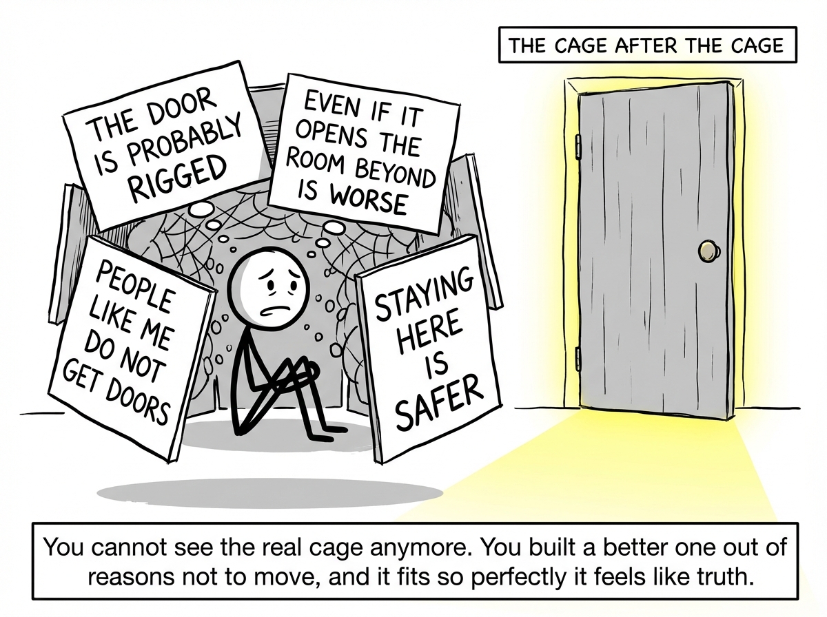 The seated figure has constructed an elaborate internal map of reasons not to try. Floating around them are signs they have written themselves: 'THE DOOR IS PROBABLY RIGGED,' 'EVEN IF IT OPENS THE ROOM BEYOND IS WORSE,' 'PEOPLE LIKE ME DO NOT GET DOORS,' and 'STAYING HERE IS SAFER.' The signs form a small fortress around the seated figure. The door remains unchanged -- still unlocked, still leaking light. A label reads 'THE CAGE AFTER THE CAGE.'