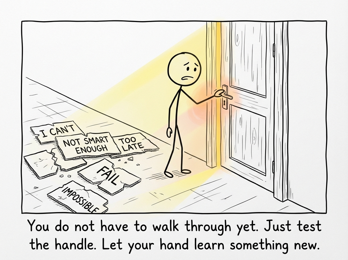A stick figure standing in front of a door with one hand on the handle, still scared but no longer sitting down, with fallen signs of self-limiting beliefs scattered on the floor behind them and light streaming through the door crack onto their face.