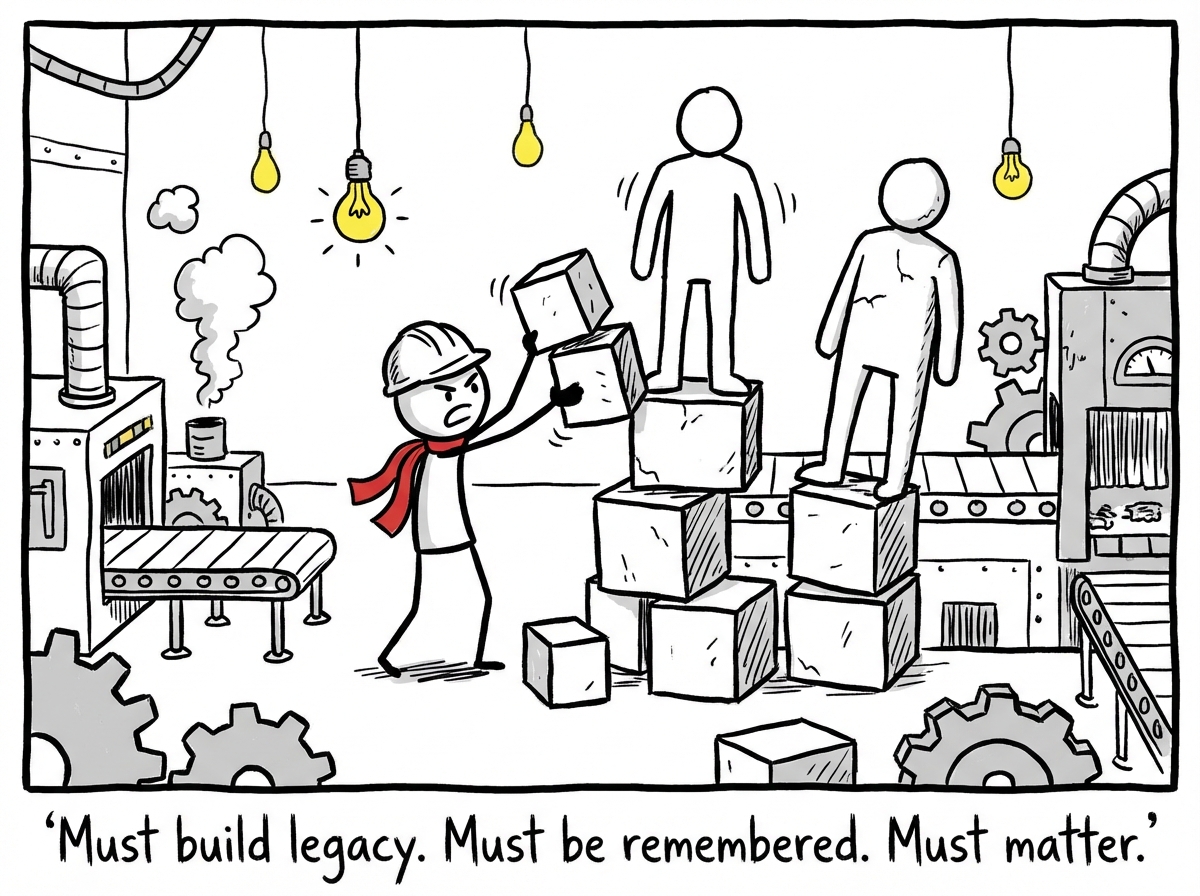 A stick figure frantically pulling levers in a factory, a conveyor belt churning out golden trophies, plaques, and statues all bearing the figure's name and face -- sweat is flying, the figure looks intense and driven, and a sign reads 'LEGACY FACTORY: 24/7 PRODUCTION'