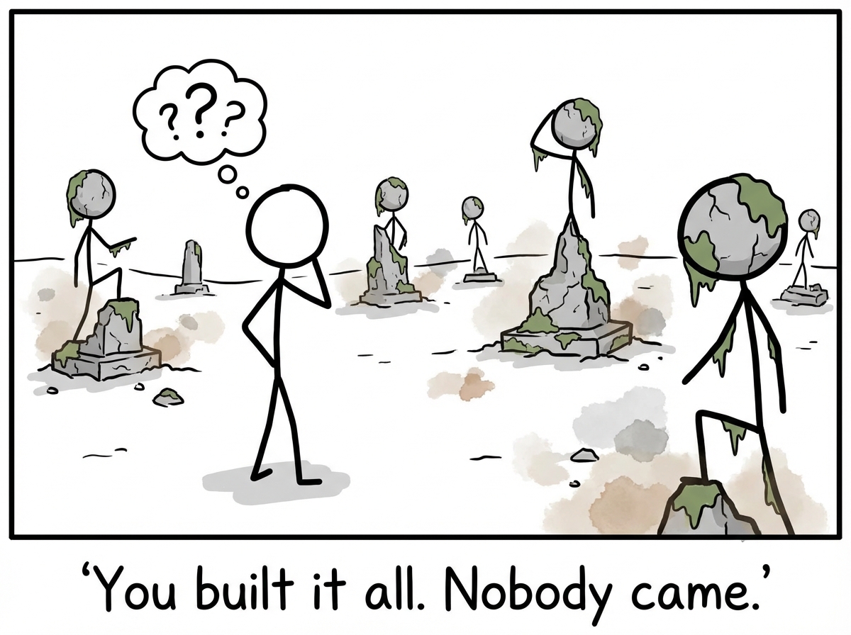 The stick figure stepping outside the factory to find a massive pile of golden statues and plaques gathering dust in an empty field -- no one is looking at them, pigeons are sitting on them, and a tumbleweed rolls past