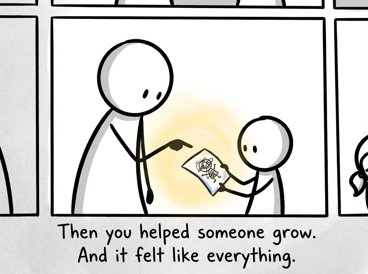 The stick figure sitting with a younger stick figure at a small table, sharing a notebook and pointing at something with genuine enthusiasm -- the younger figure's eyes are wide with understanding, and a small plant is growing between them on the table