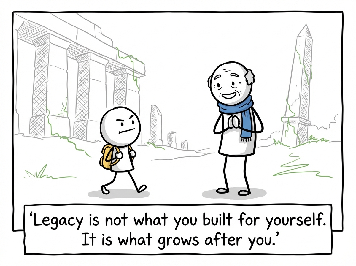 The stick figure walking away from the abandoned factory in the background, while in the foreground a garden is growing -- each plant has the face of a different person the figure mentored, thriving and reaching toward the sun
