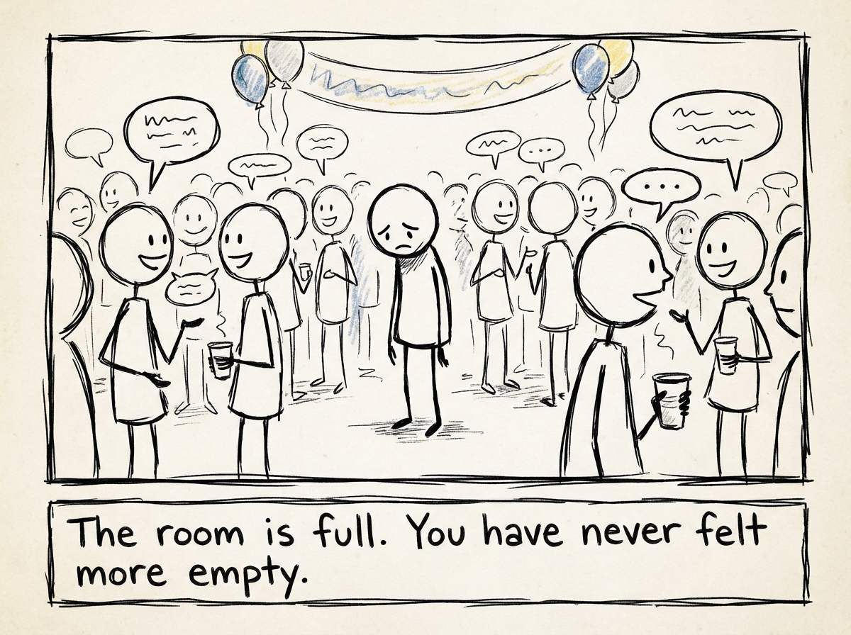A packed party scene with dozens of stick figures laughing, talking, clinking glasses. In the center, one stick figure stands holding a drink, surrounded by people on all sides. From the outside, they look included. A label reads 'Friday night. Full house.'