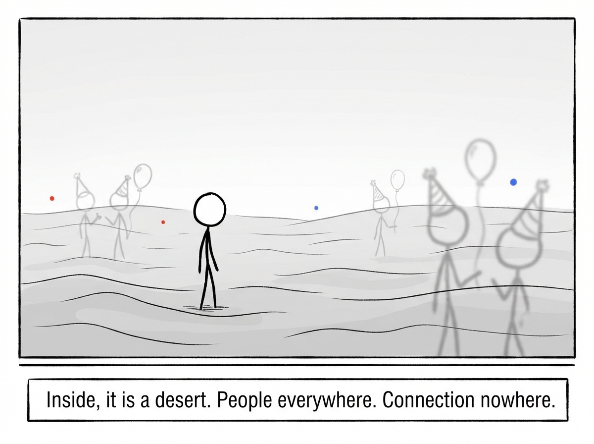 The same scene but now drawn from the central figure's internal perspective: the party has become a vast empty desert. The other people are distant mirages shimmering on the horizon. The figure stands alone on cracked sand under a blank sky. Tumbleweeds drift past.