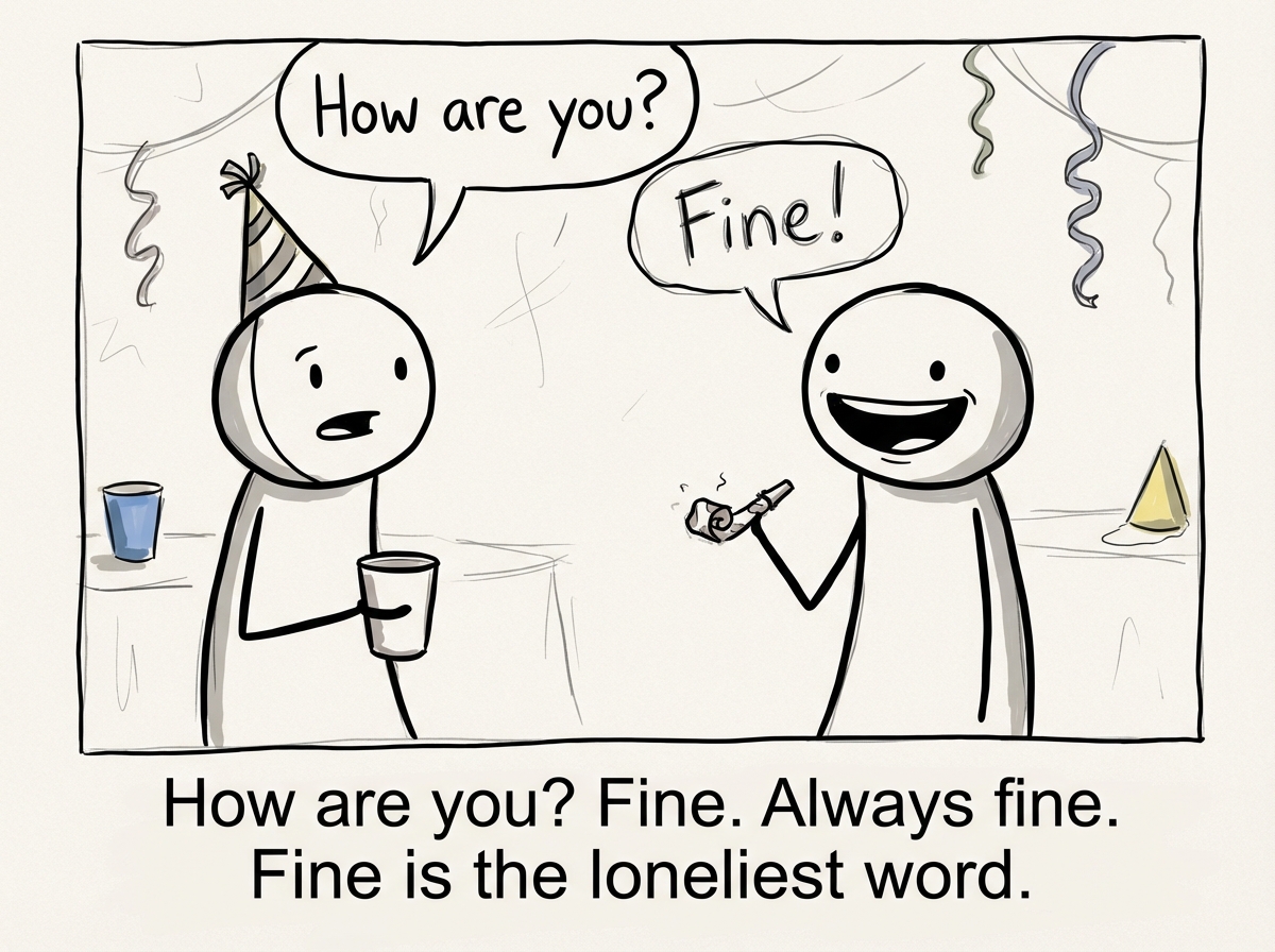 A stick figure approaches the lonely figure in the desert and asks 'Hey, how are you?' The lonely figure responds with a smile and a speech bubble reading 'Fine!' but their shadow on the sand is curled up in a ball. The desert remains unchanged.