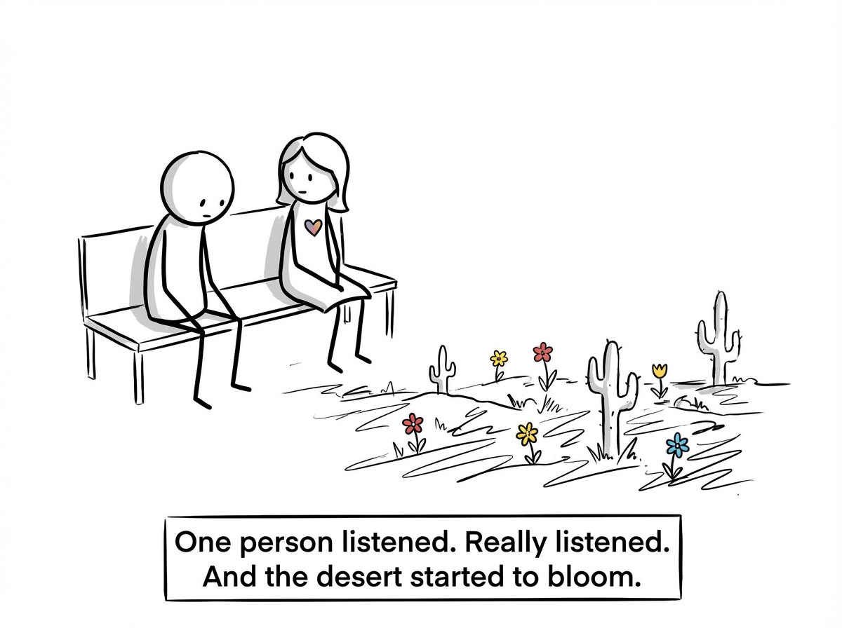 A different stick figure sits down on the sand next to the lonely figure. No phone, no rushing. They say 'No really -- how are you?' The lonely figure's eyes widen. Around the two of them, small flowers and green grass begin to push through the cracked desert floor.