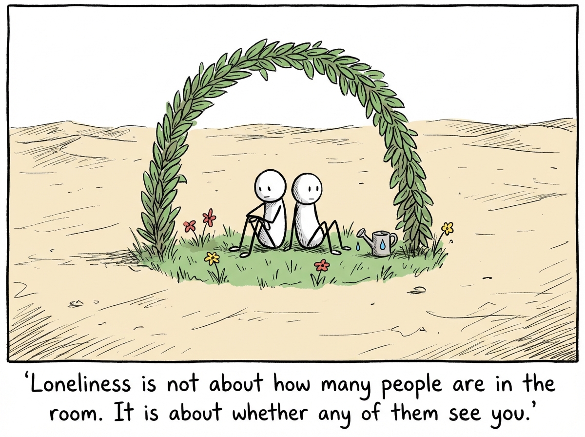 A stick figure looking at a crowded room and then looking inward at the empty desert, with a speech bubble reading 'The loneliness is not about the headcount. It is about the depth.'