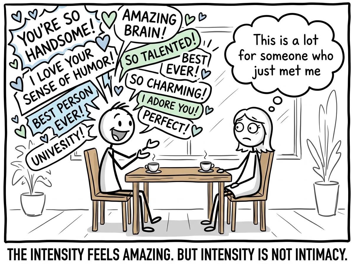 A stick figure on a date receiving an avalanche of compliments, pausing with a thought bubble: 'This is a lot for someone who just met me'