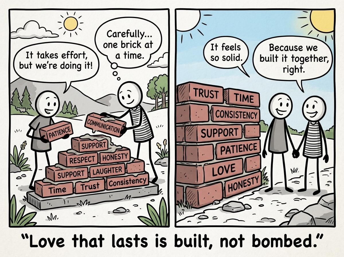 The stick figure building a relationship brick by brick with a new person, each brick labeled 'trust' 'time' 'consistency' — steady and solid