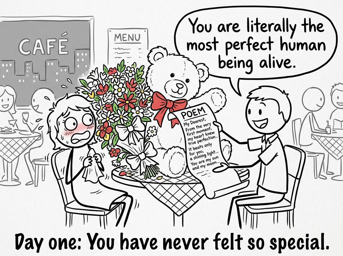 A stick figure on a first date receiving a comically oversized bouquet, a giant teddy bear, a poem, and a speech bubble from the other figure saying 'You are literally the most perfect human being alive.' The recipient looks flattered but slightly wide-eyed