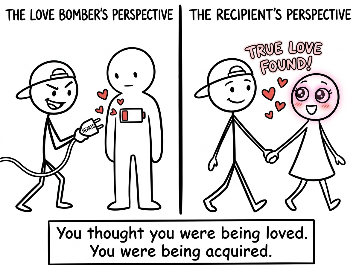 A split image: the left side shows the love bomber's perspective — the recipient as a battery being charged with hearts. The right side shows the recipient's perspective — believing they found true love. The two versions do not match
