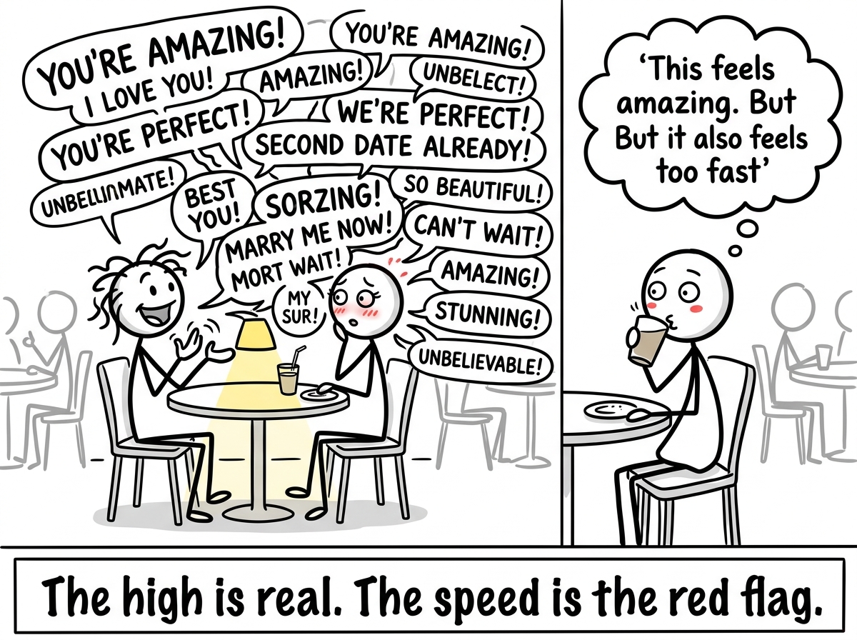 A stick figure receiving an overwhelming flood of compliments on a second date, pausing with a thought bubble: 'This feels amazing. But it also feels too fast'