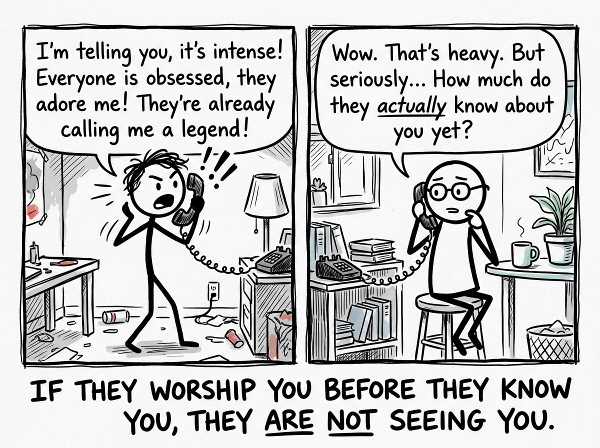 The stick figure calling a friend, describing the intensity, the friend asking 'How much do they actually know about you yet?'