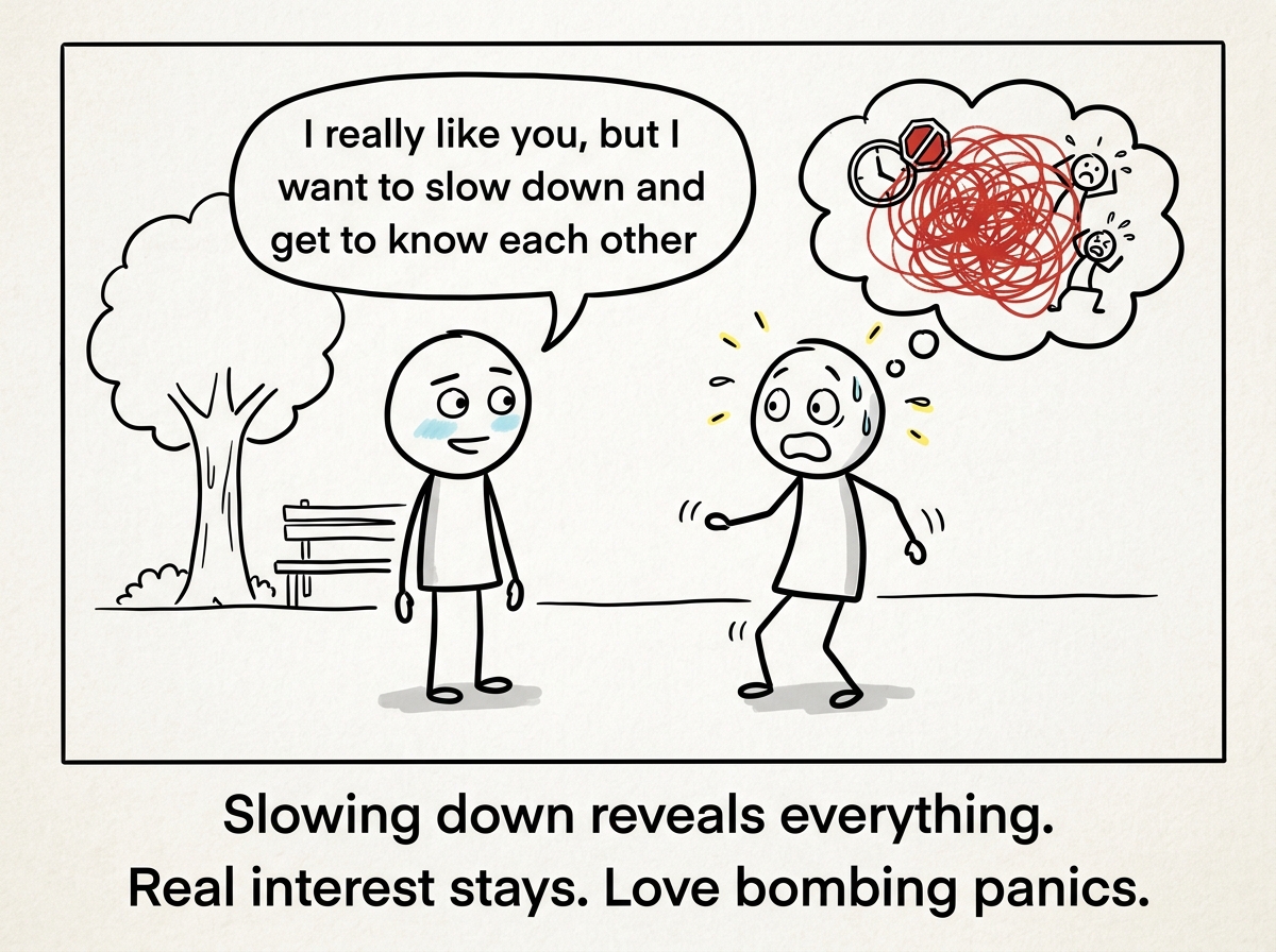 The stick figure saying 'I really like you, but I want to slow down and get to know each other' — testing the reaction