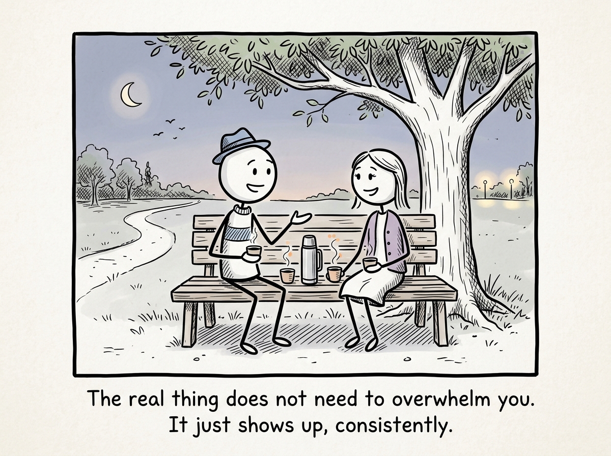 The stick figure in a healthy relationship months later, building connection gradually — small moments, real conversations, no avalanche needed