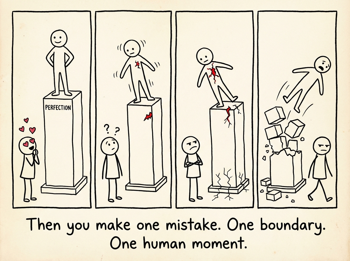 The same figure on the pedestal, now wobbling. They have accidentally shown a flaw — a small crack in their surface. The other figure's expression shifts from adoration to cold disapproval. The pedestal starts to crumble