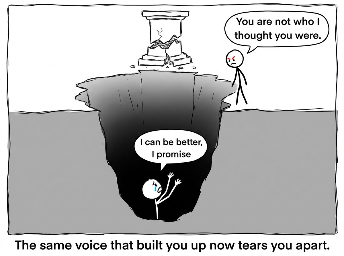 The figure has fallen off the pedestal into a dark pit. The other figure stands at the edge looking down with contempt, saying 'You are not who I thought you were.' The fallen figure reaches up desperately, saying 'I can be better, I promise'
