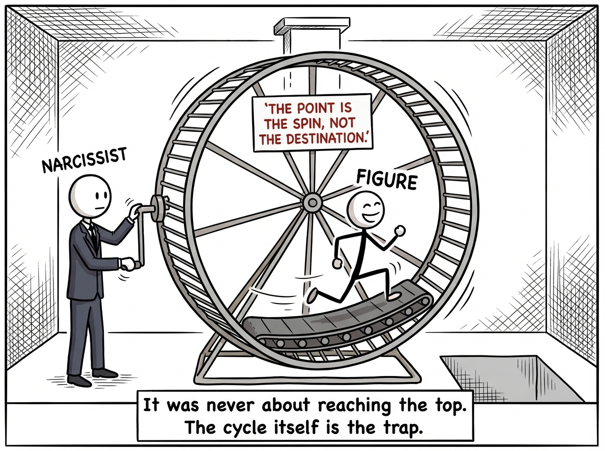 A hamster wheel showing the full cycle: pedestal at the top, pit at the bottom, with the figure running endlessly between them. A sign on the wheel reads 'The point is the spin, not the destination.' The narcissist operates the wheel from outside