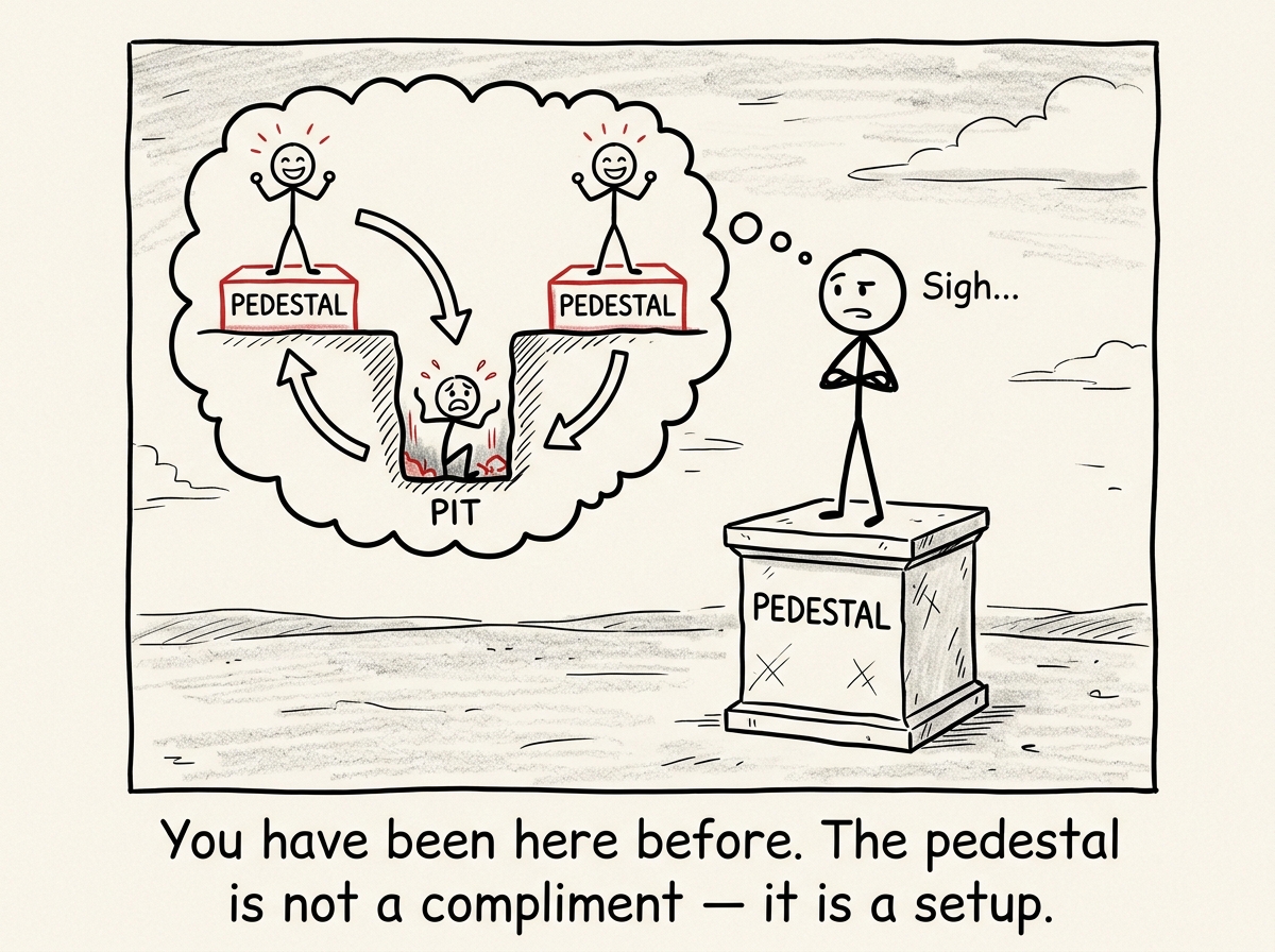 A stick figure on a pedestal recognizing the pattern — a thought bubble shows the cycle: pedestal, then pit, then pedestal again