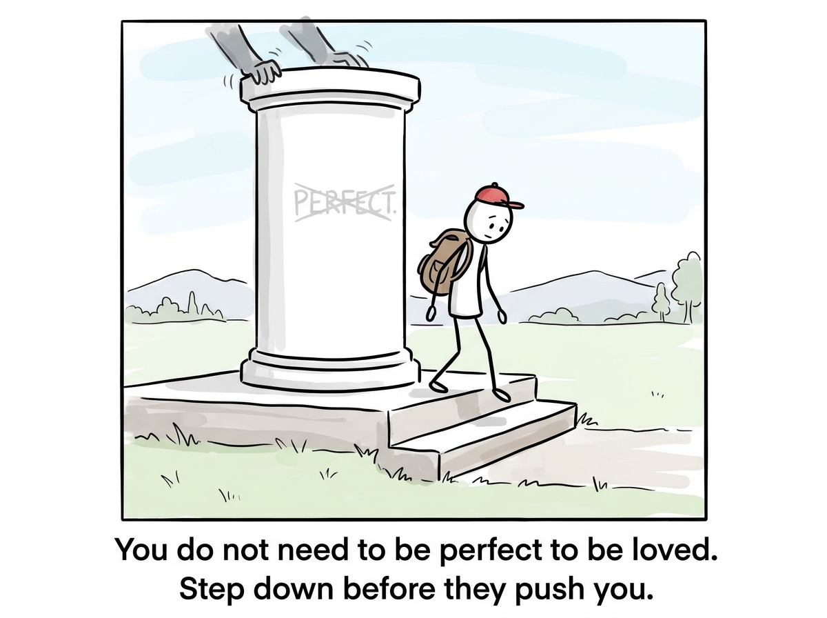 The stick figure carefully stepping down from the pedestal on their own, choosing solid ground over the dizzying height