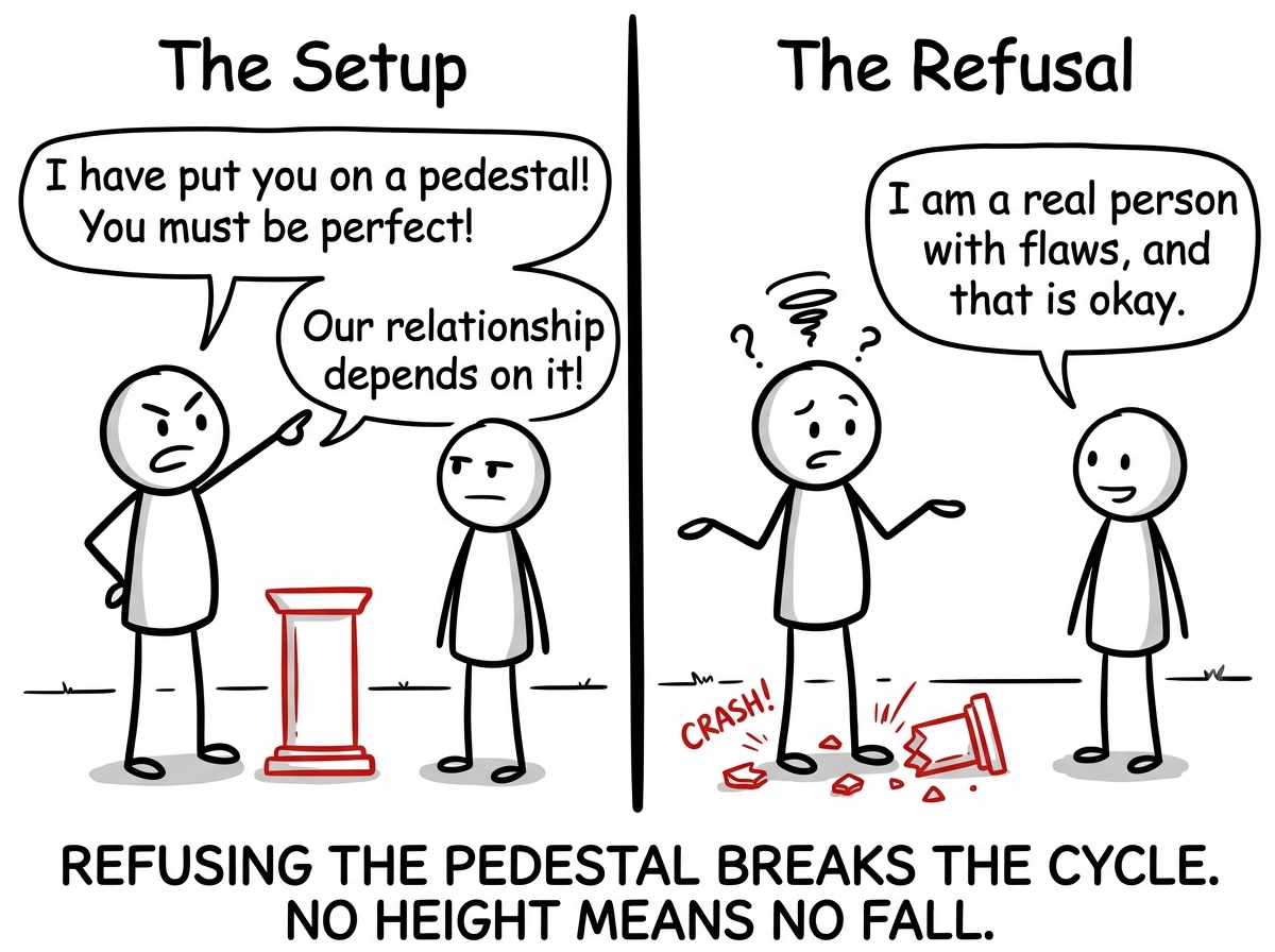 The stick figure standing on level ground, saying 'I am a real person with flaws, and that is okay' while the narcissist looks confused without a pedestal to use