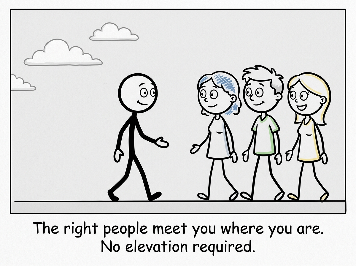 The stick figure walking on steady, flat ground with people who see them clearly — no pedestals, no pits, just eye level