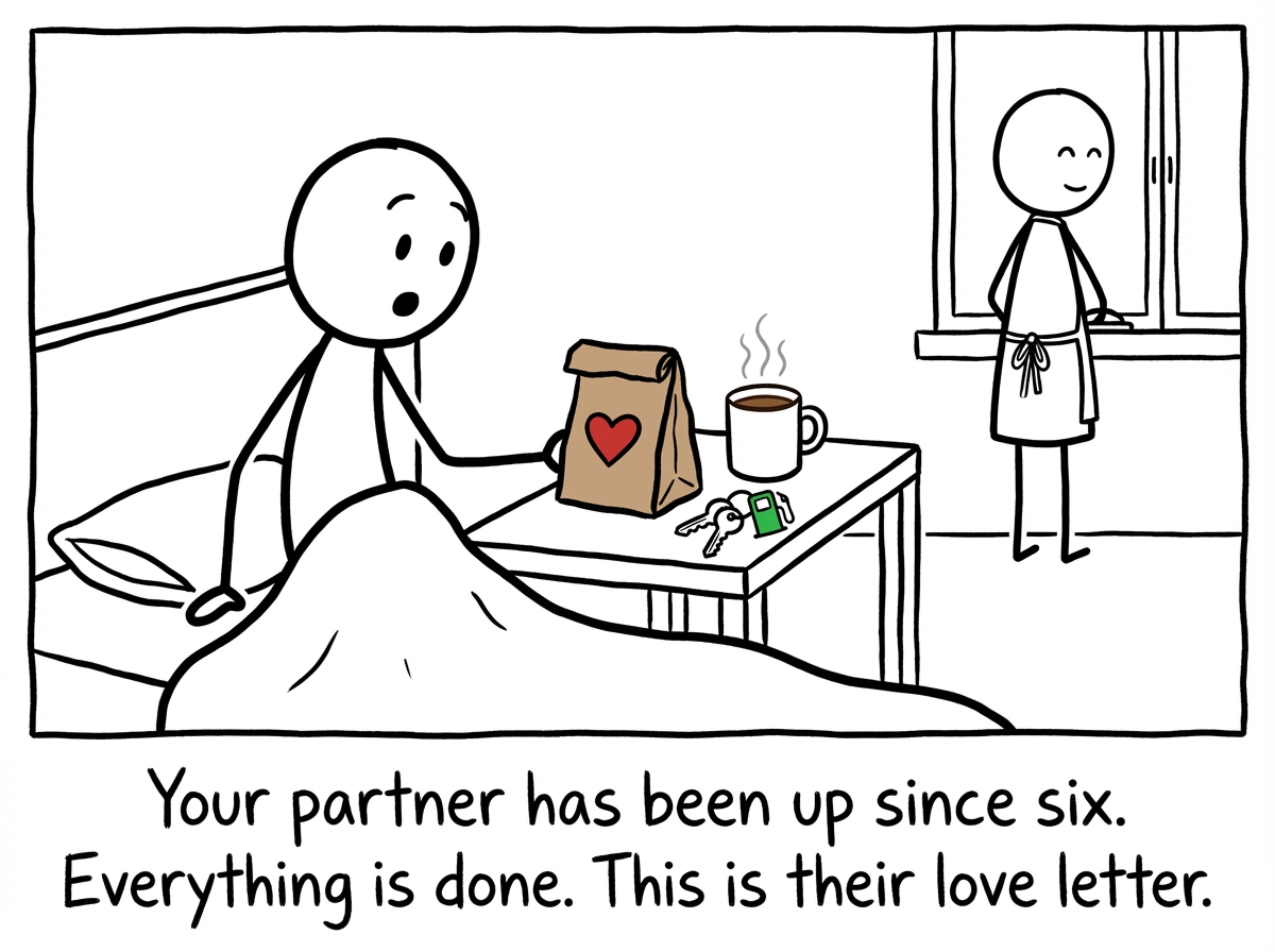 A stick figure waking up to find their lunch already packed, coffee made, and car keys with a full gas tank icon, all prepared by their partner who stands quietly in the background