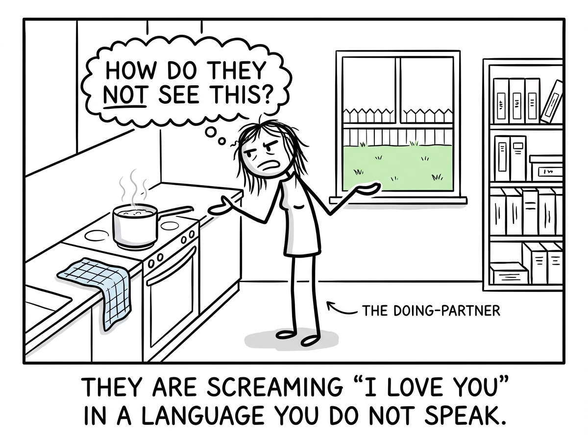 The doing-partner looking exhausted and frustrated, gesturing at a spotless kitchen, a mowed lawn, and organized shelves, with a thought bubble reading 'How do they not see this?'