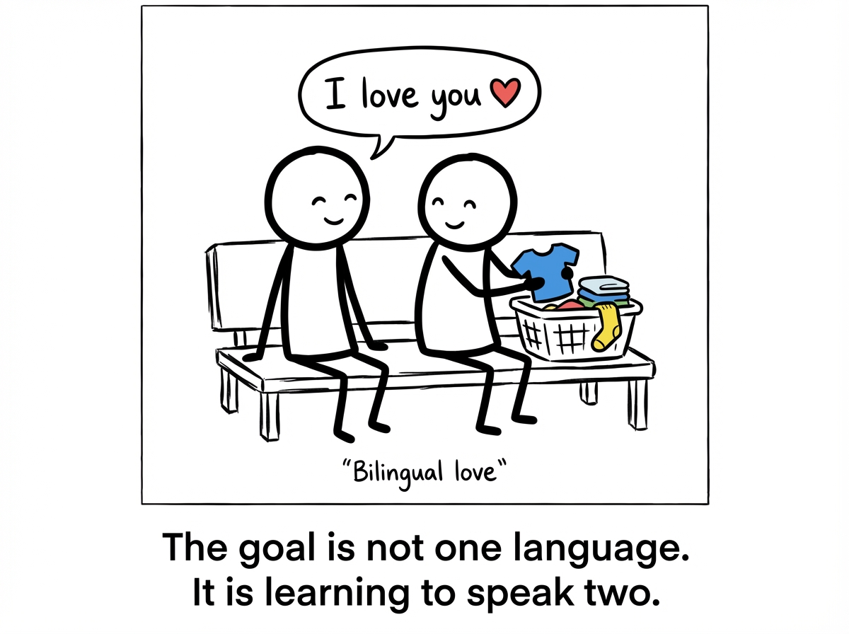 Both stick figures sitting together, one saying 'I love you' with a speech bubble while the other folds laundry, both smiling, with a small subtitle reading 'Bilingual love'