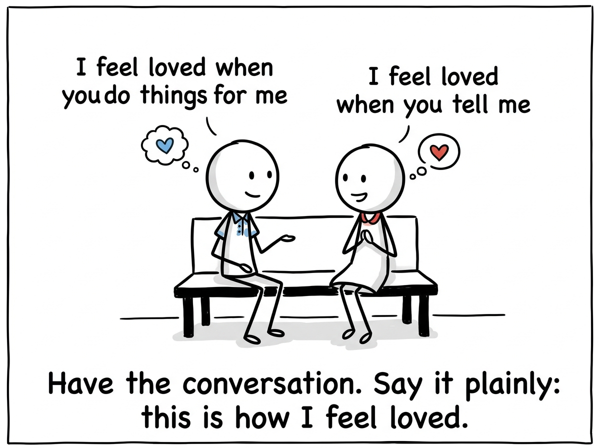 Two stick figures sitting together, one saying 'I feel loved when you do things for me' and the other saying 'I feel loved when you tell me'