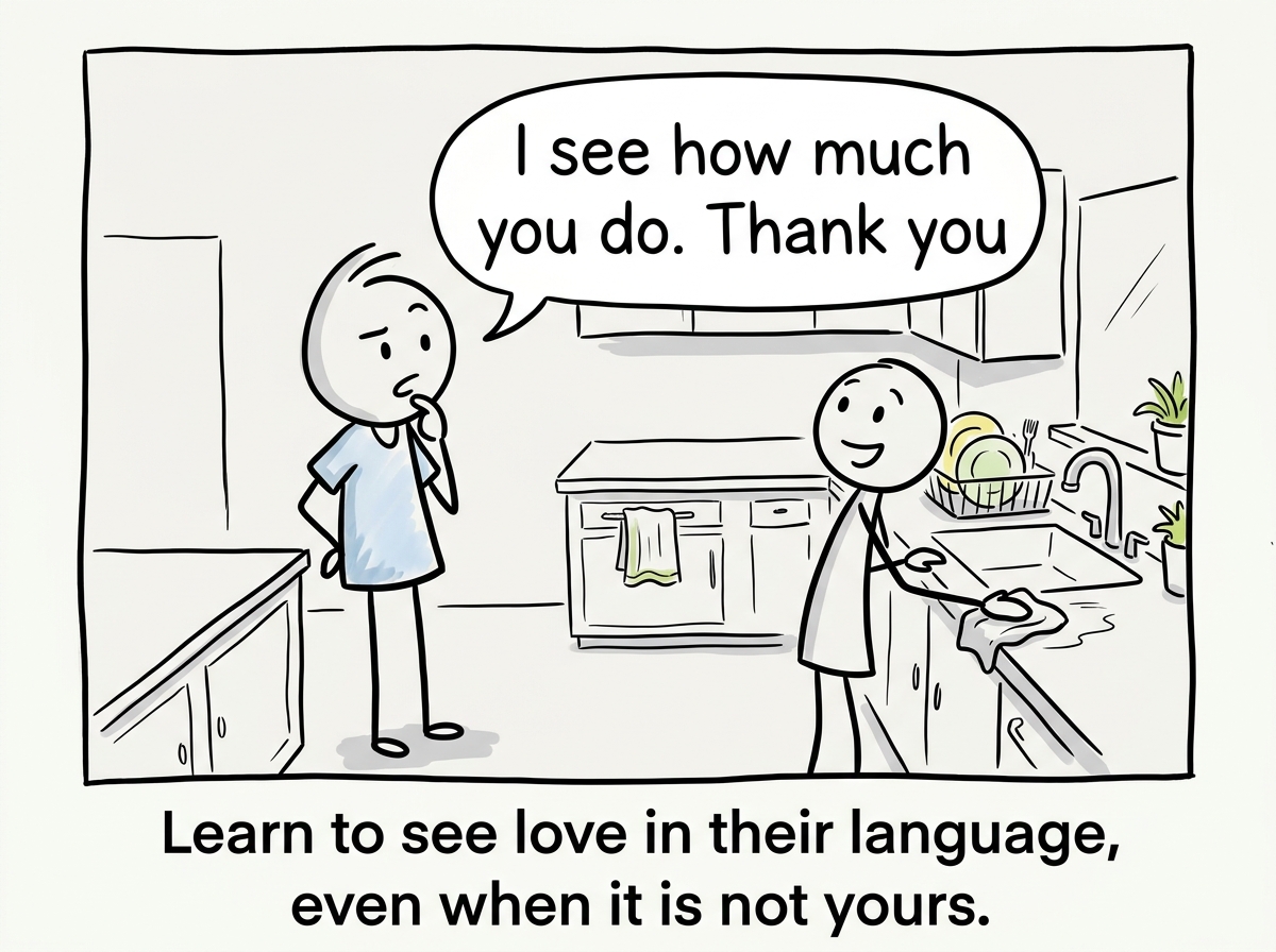 The words-of-affirmation partner pausing to notice the clean kitchen and saying 'I see how much you do. Thank you'