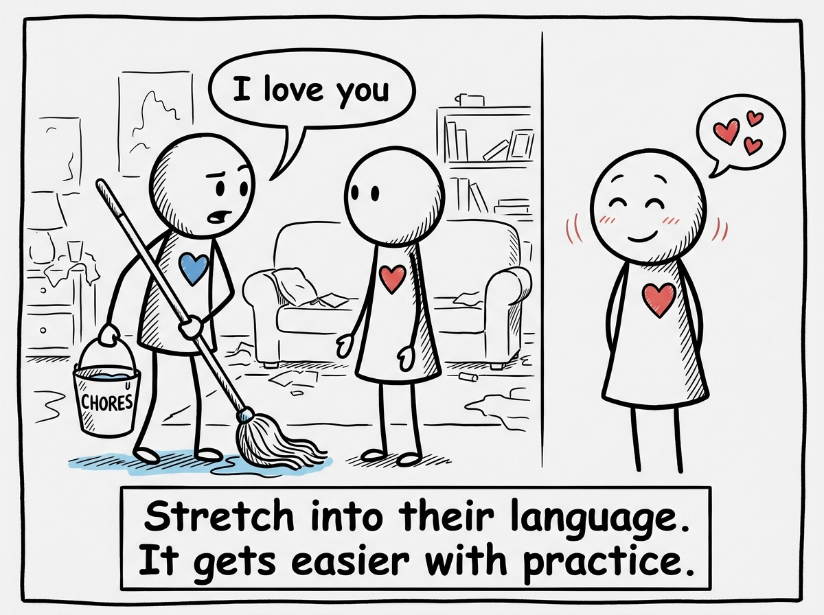 The acts-of-service partner pausing their chores to look their partner in the eyes and say 'I love you' -- deliberately, out loud