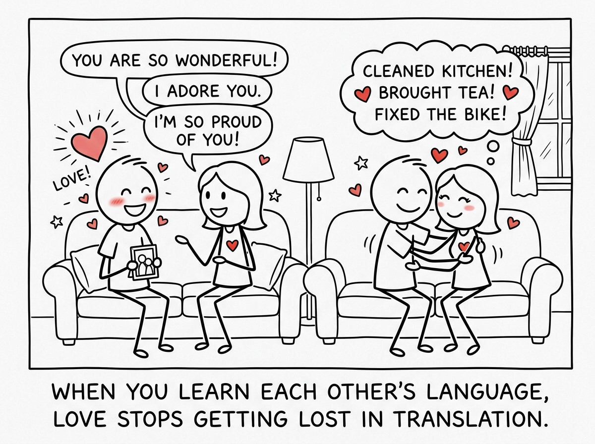 Both partners feeling loved -- one through words, one through actions -- smiling at each other, finally understood