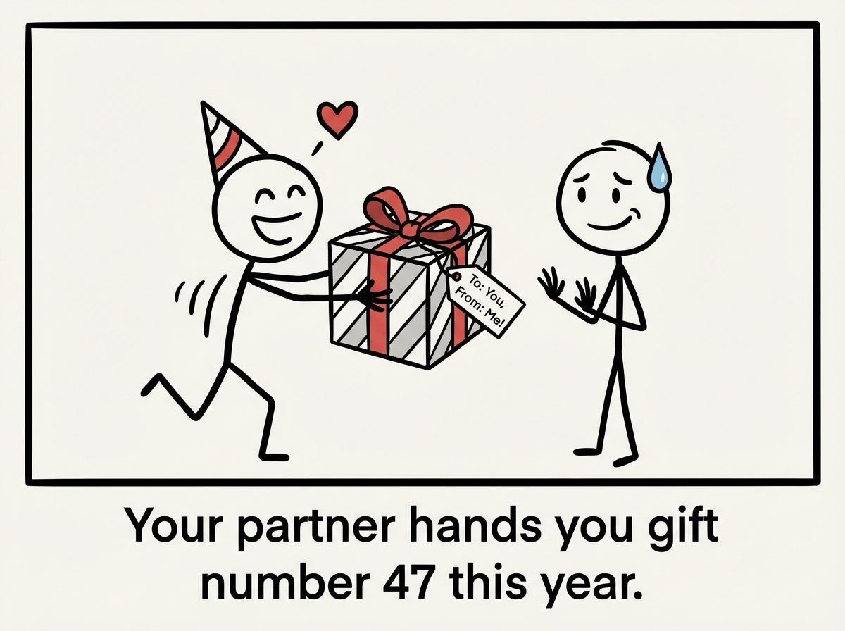 A stick figure excitedly handing a large wrapped gift box to their partner who smiles politely but looks slightly uncomfortable