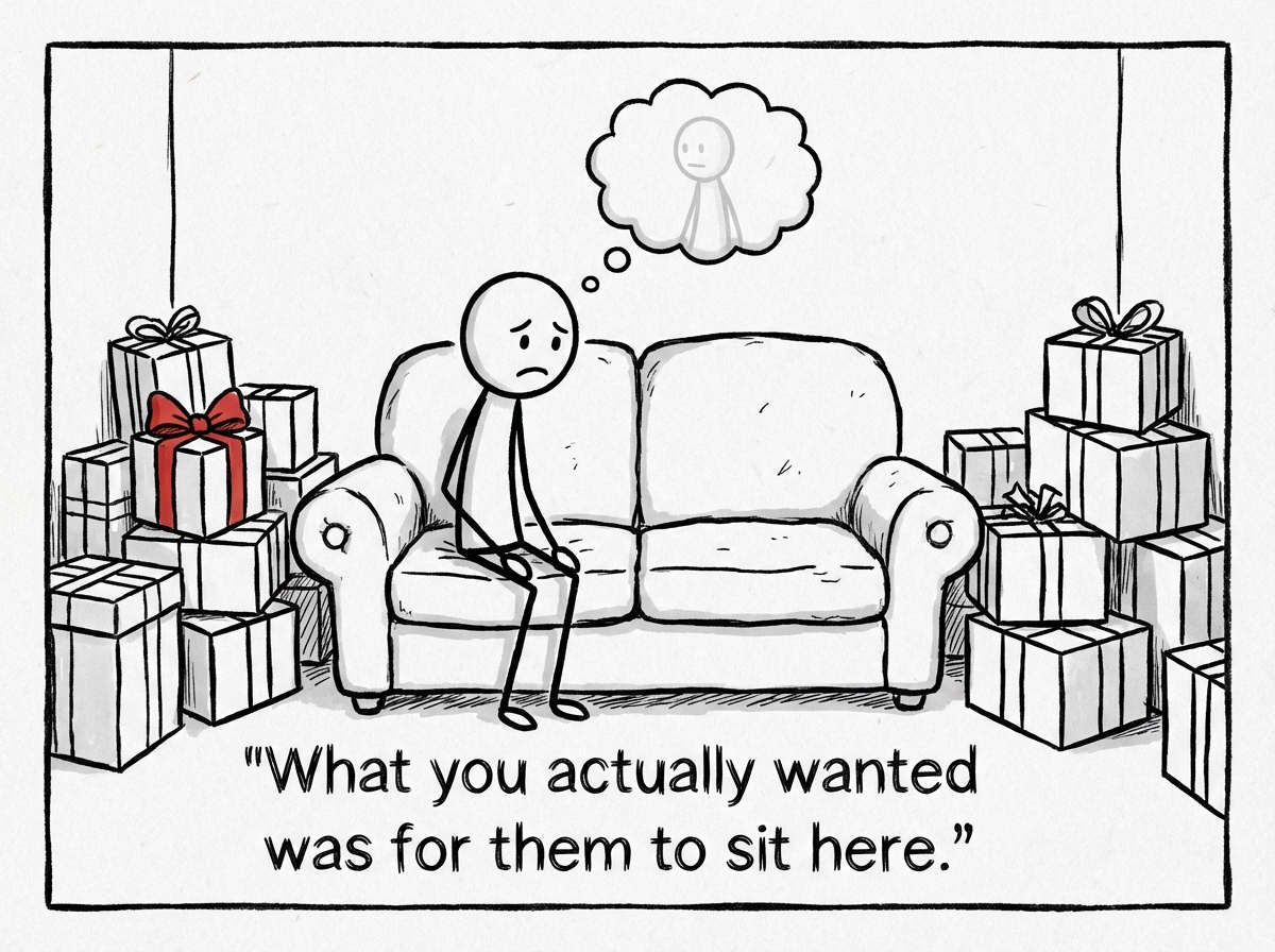 The gift-receiving stick figure sitting alone on a couch looking at an empty seat beside them while gift boxes pile up around the room