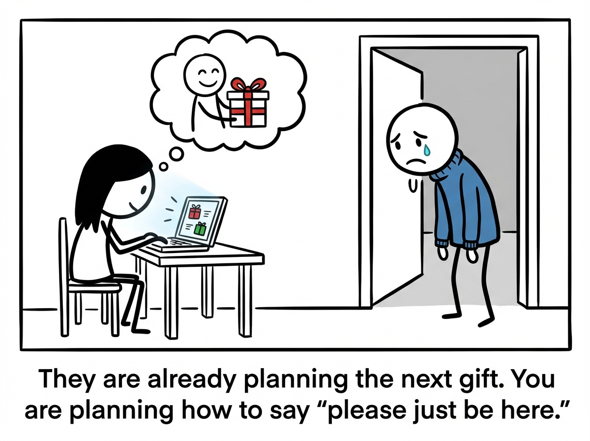 The gift-giving partner on their laptop shopping for more presents with a thought bubble showing a happy partner, while the other partner stands in the doorway looking lonely