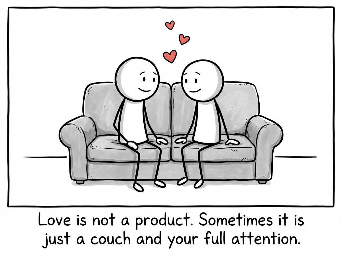 Both stick figures sitting together on the couch with no phones or gifts, just being present together, with small hearts floating above them