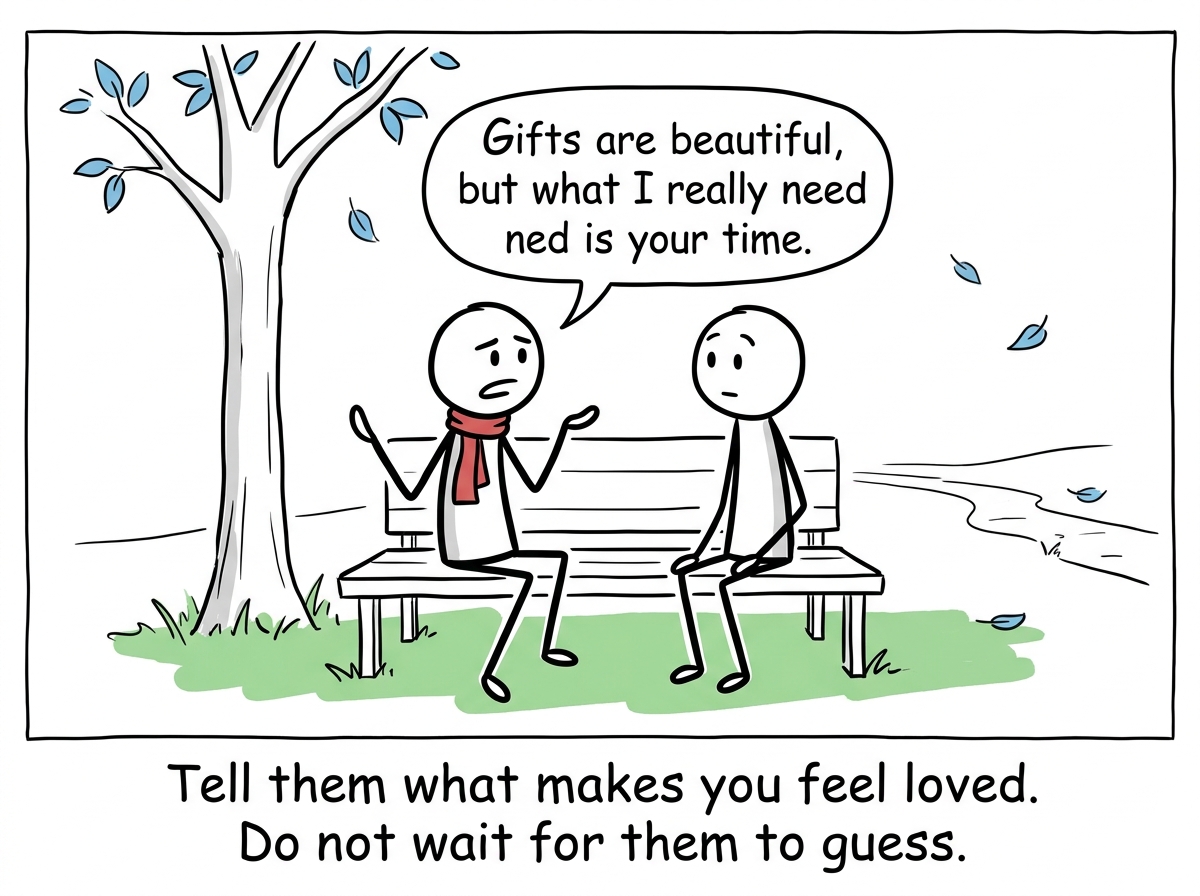 Two stick figures having an honest conversation, one saying 'Gifts are beautiful, but what I really need is your time'