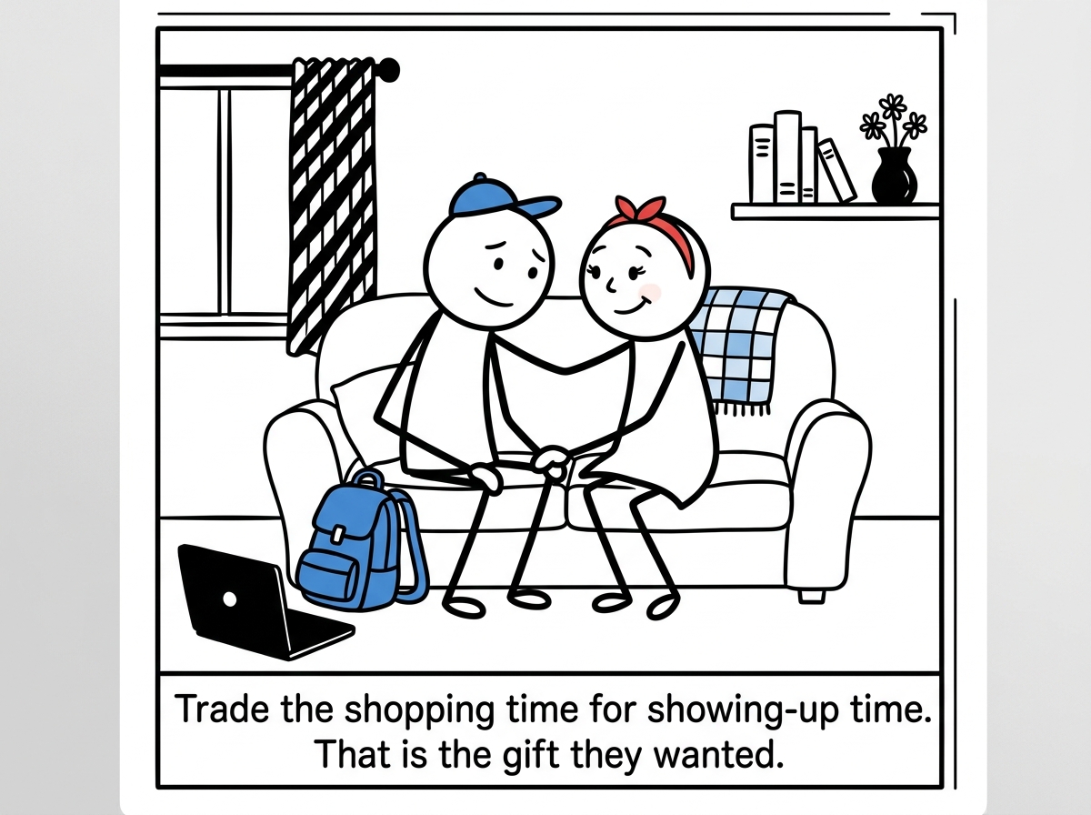 The gift-giving partner putting down their laptop and sitting next to their partner on the couch, phone away, fully present