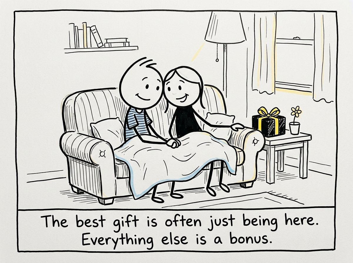 Both partners on the couch together, a small thoughtful gift on the table beside them, present with each other
