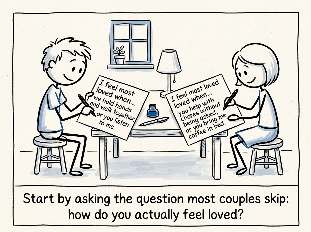 Two stick figures sitting down together, each writing on a card: 'I feel most loved when...' with honest, different answers