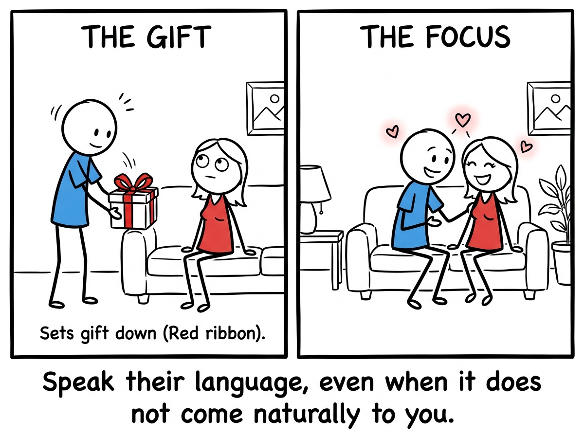 One stick figure putting down a wrapped gift and instead sitting next to their partner on the couch with full attention