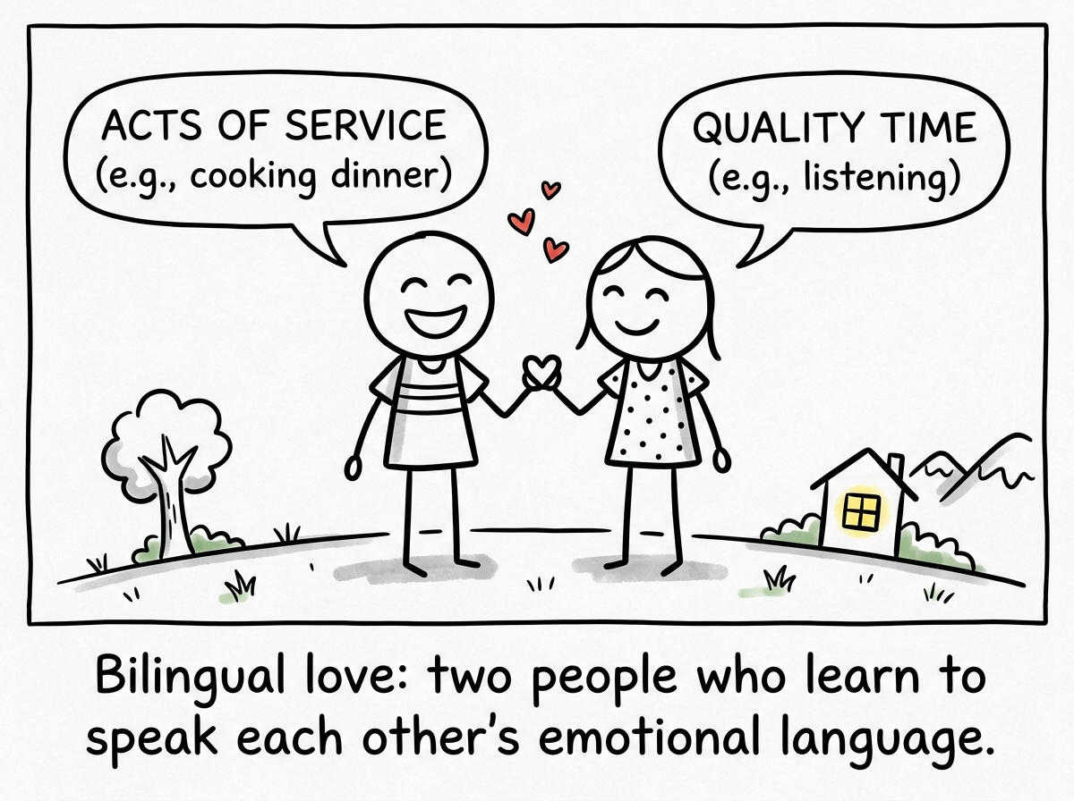 Both stick figures side by side, each with a small speech bubble in the other's love language, smiling and connected