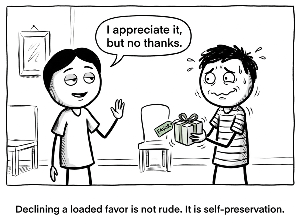 The stick figure declining a favor with a calm expression: 'I appreciate it, but no thanks' while the other person's strategic smile falters