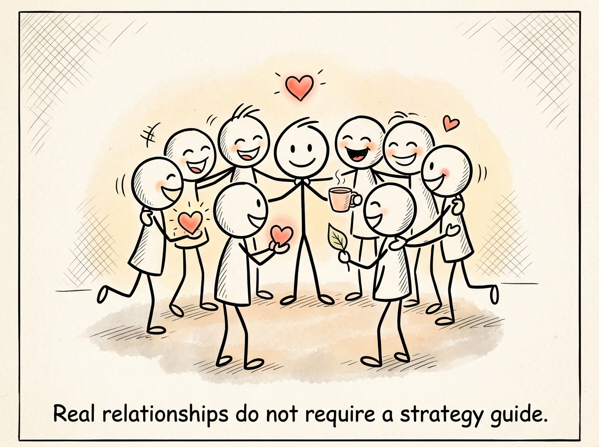 The stick figure surrounded by genuine friends who give without keeping score, shown in a warm circle with no strings visible
