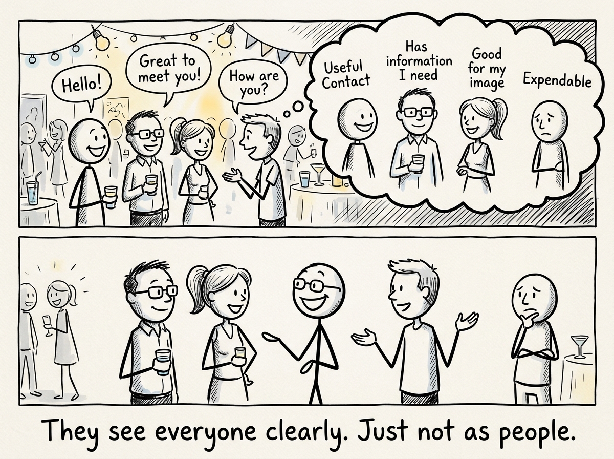 A stick figure at a party, smiling warmly at different people. But a thought bubble shows their actual view: each person has a label — 'useful contact,' 'has information I need,' 'good for my image,' 'expendable.' The smile never wavers