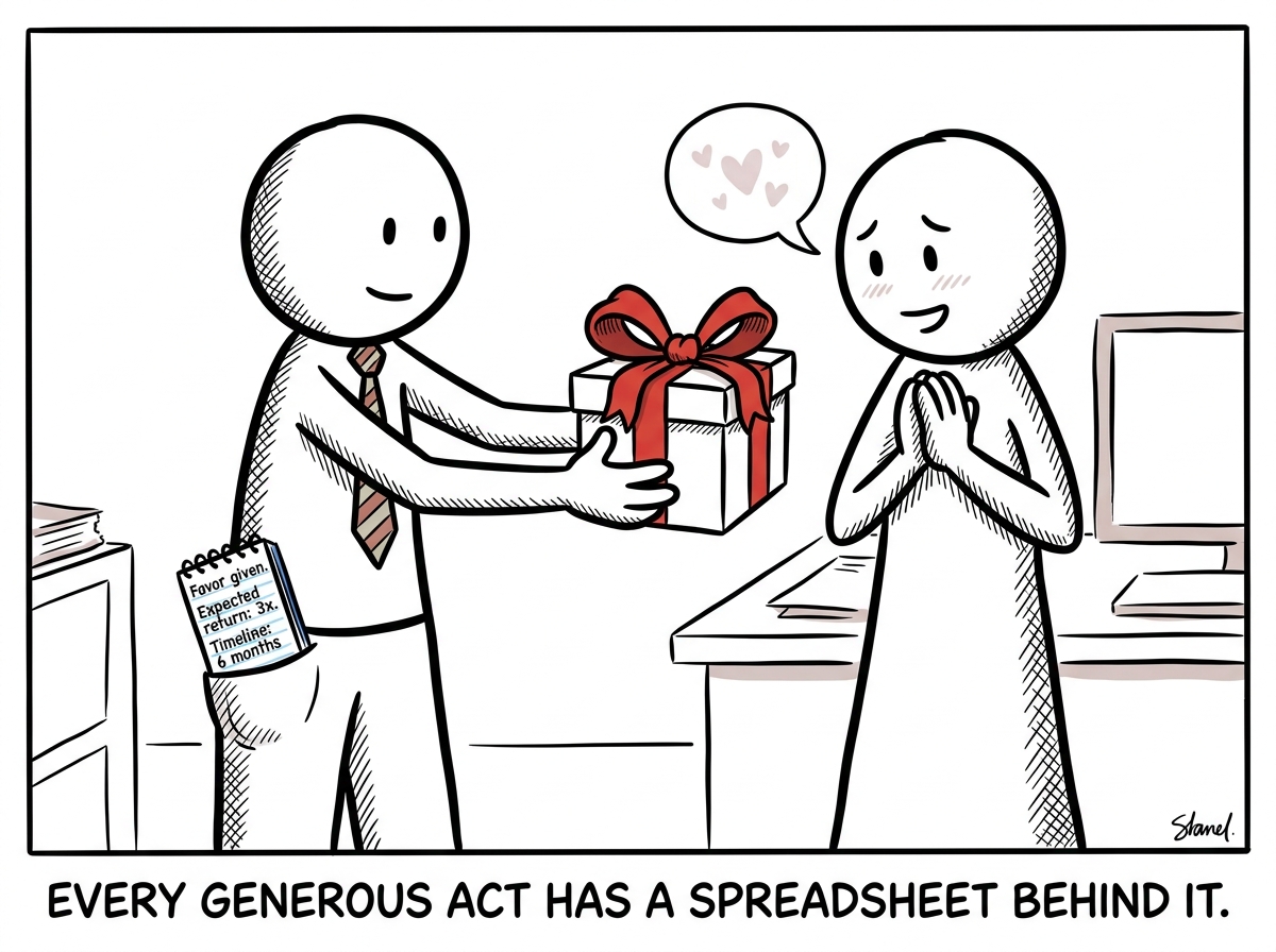 The same figure giving a generous gift to a colleague. The colleague is touched and grateful. But a small notebook in the gift-giver's pocket shows a tally: 'Favor given. Expected return: 3x. Timeline: 6 months'