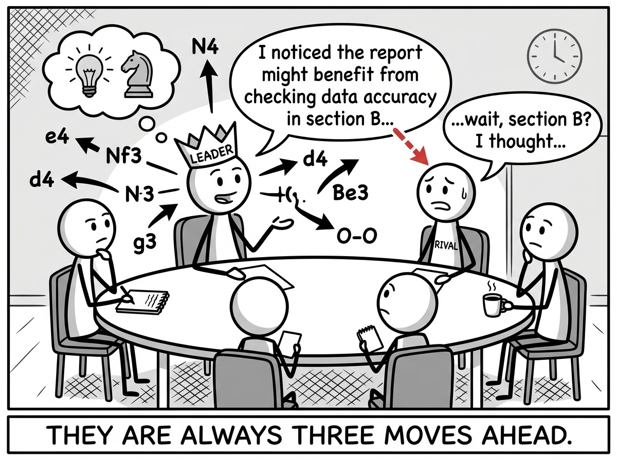 The figure in a meeting, subtly steering a conversation so that a rival looks bad while they look helpful. Arrows and chess move notations float around them like a strategy game overlay. No one else in the room notices