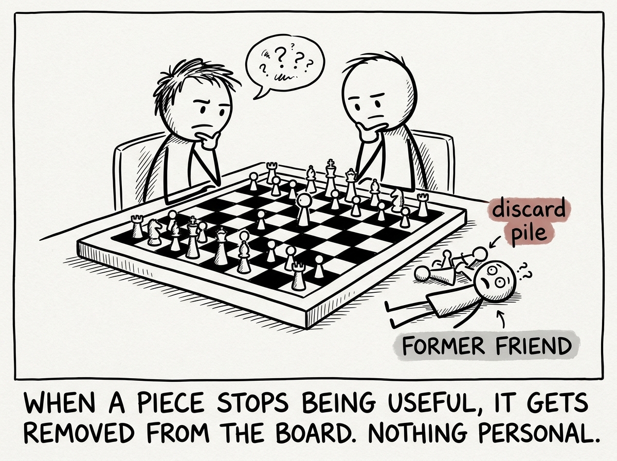 The figure alone at a chess board where the pieces are tiny people. One piece — labeled 'former friend' — lies knocked over in the discard pile. The figure is already studying their next move. The knocked-over piece looks confused